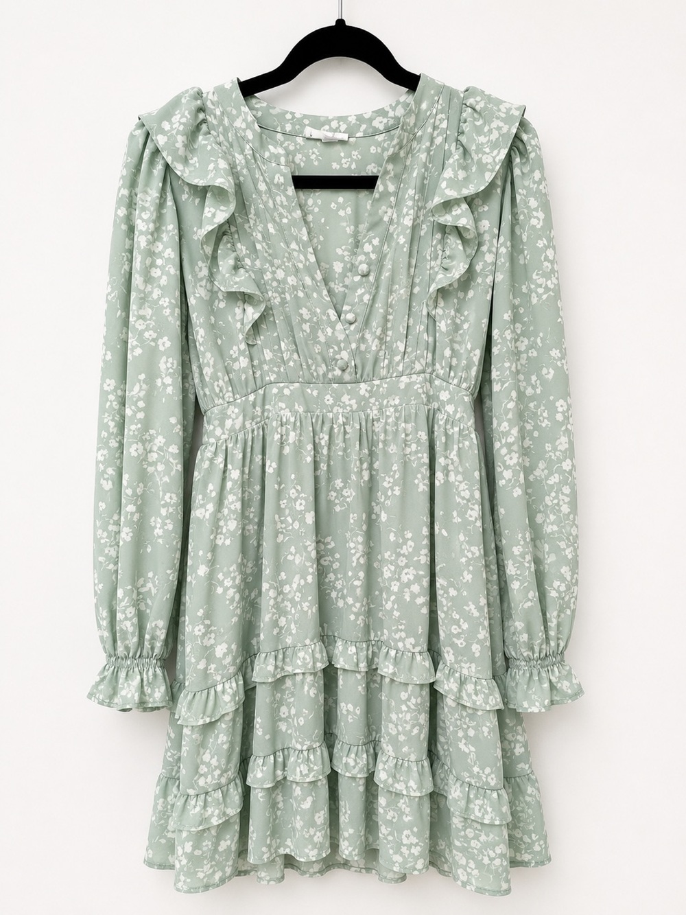 Ruffled V-Neck Mini Dress in Sage Green